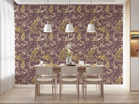 Dining room wall with Heritage Plum Bird & Floral Wallpaper and gold detail