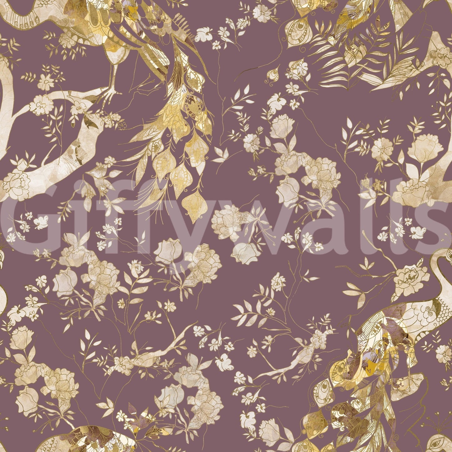 Balanced floral movement gives Heritage Plum Bird & Floral Wallpaper depth