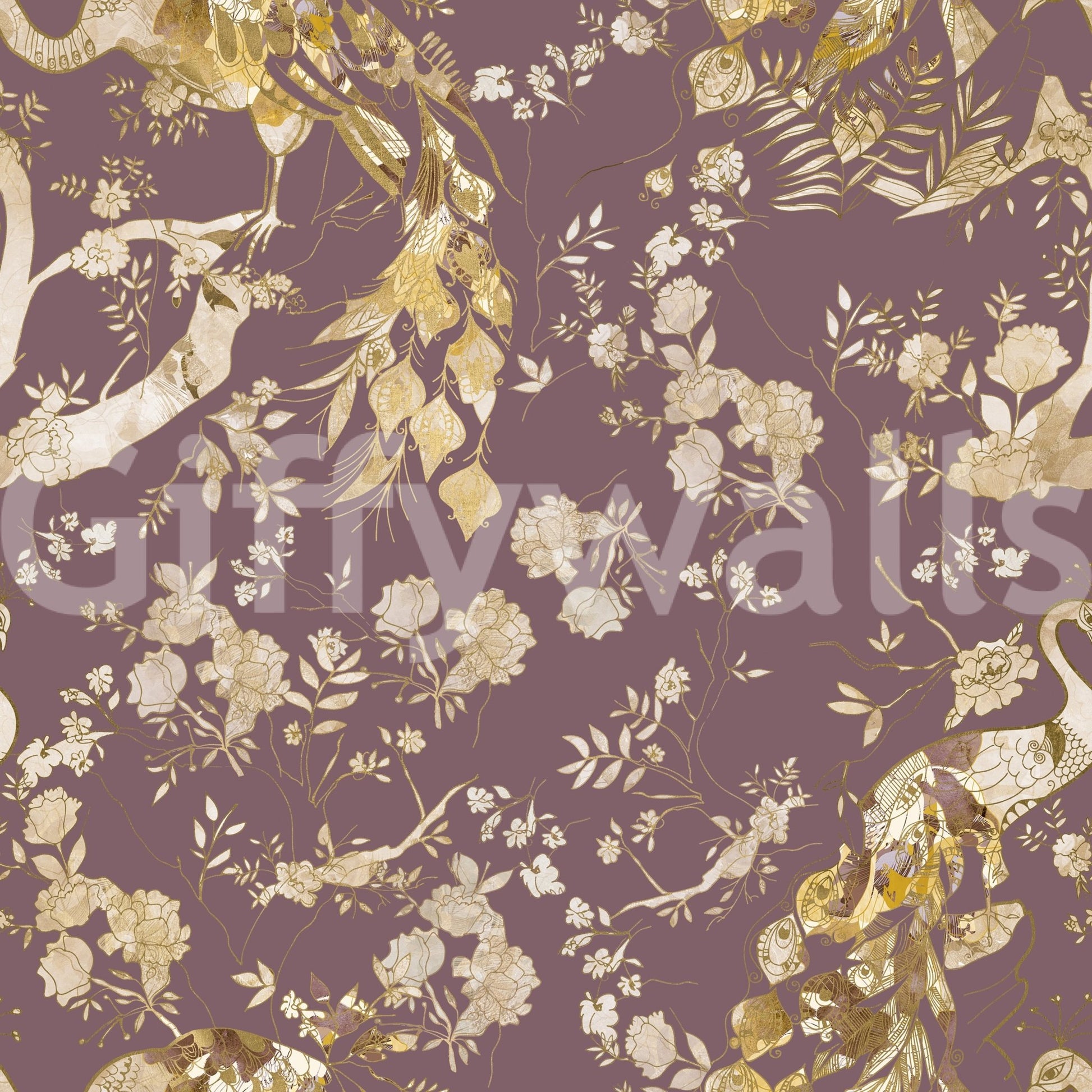 Balanced floral movement gives Heritage Plum Bird & Floral Wallpaper depth