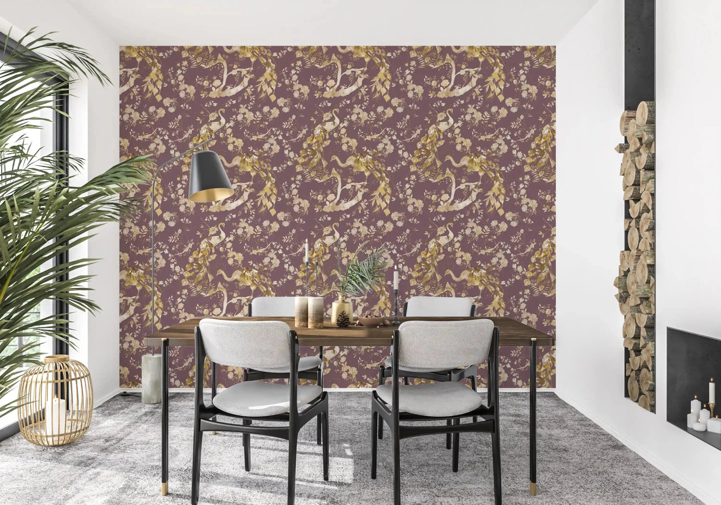 Rich plum tones define Heritage Plum Bird & Floral Wallpaper beautifully