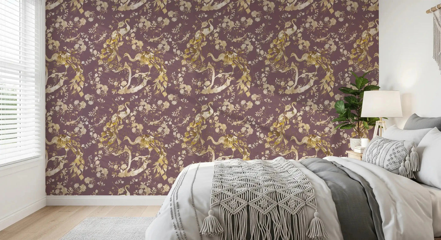 Bedroom styled in Heritage Plum Bird & Floral Wallpaper with birds
