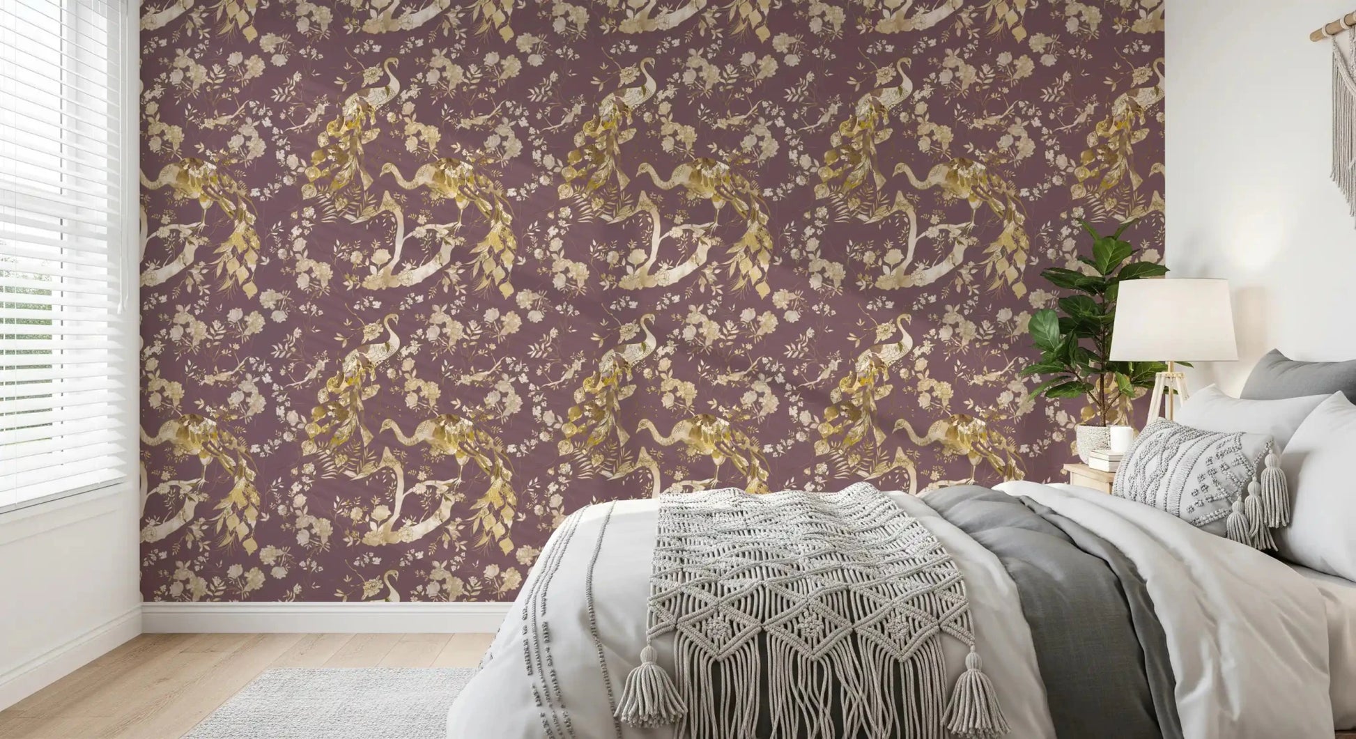 Bedroom styled in Heritage Plum Bird & Floral Wallpaper with birds