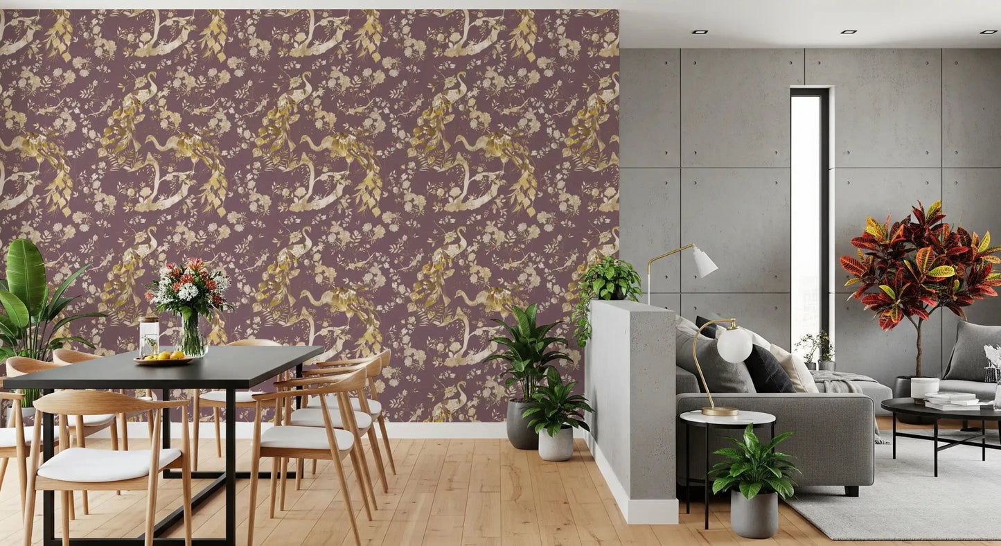 Graceful bird motifs enrich Heritage Plum Bird & Floral Wallpaper