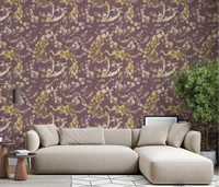 Living room with Heritage Plum Bird & Floral Wallpaper and soft blooms