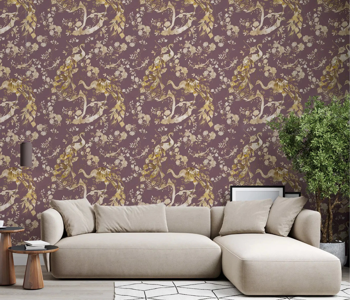 Living room with Heritage Plum Bird & Floral Wallpaper and soft blooms, GD9480