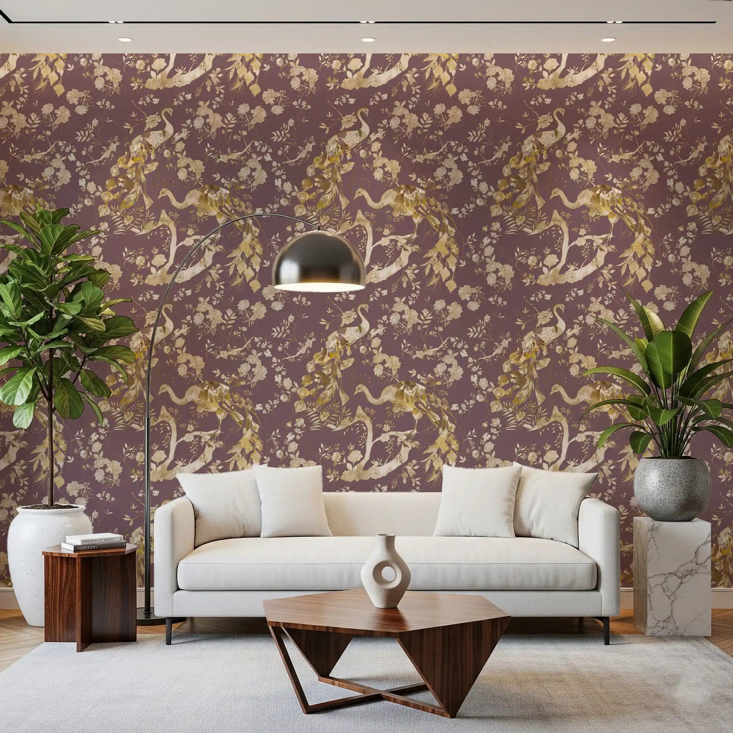 Vintage garden styling marks Heritage Plum Bird & Floral Wallpaper