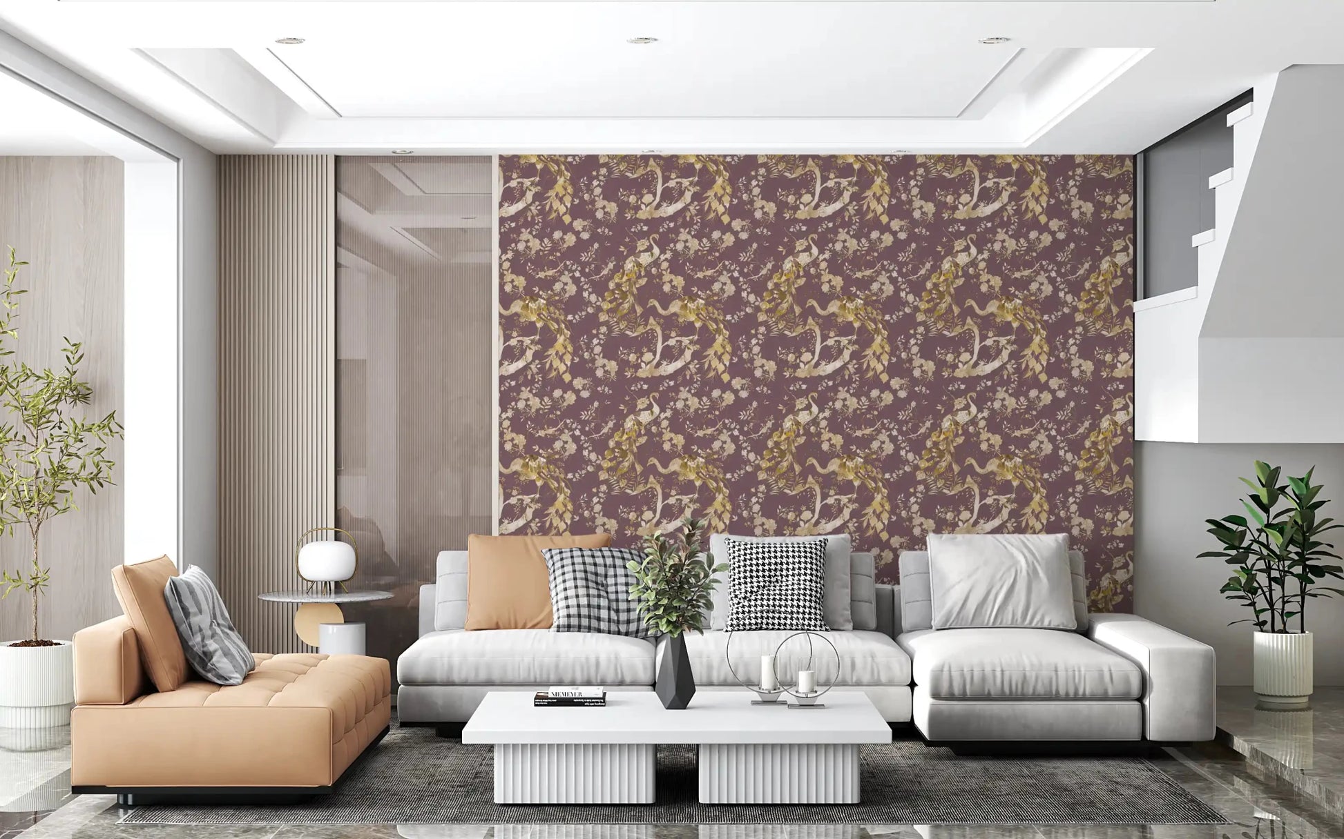 Hallway featuring Heritage Plum Bird & Floral Wallpaper on plum ground