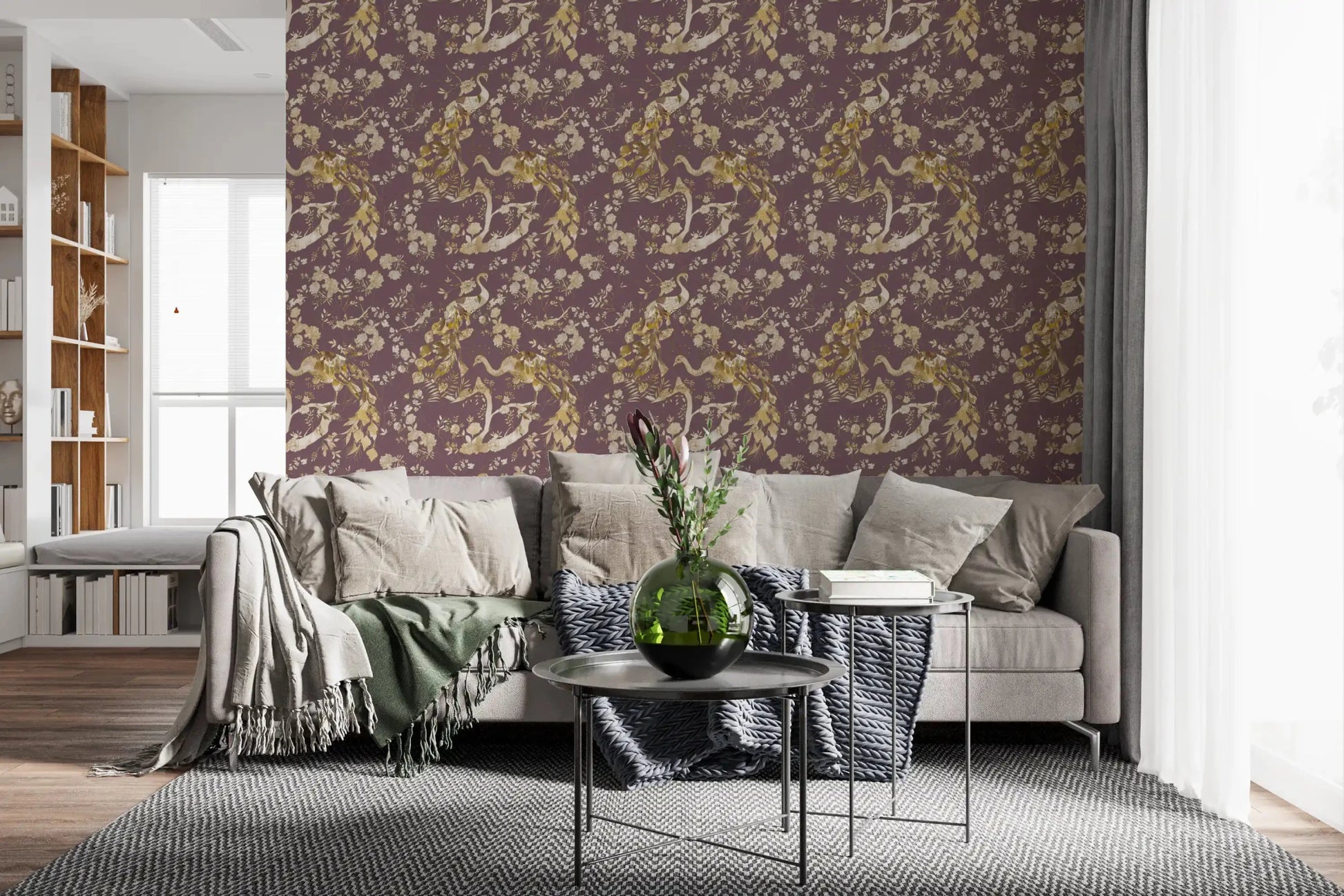 Delicate blossoms shape Heritage Plum Bird & Floral Wallpaper softly