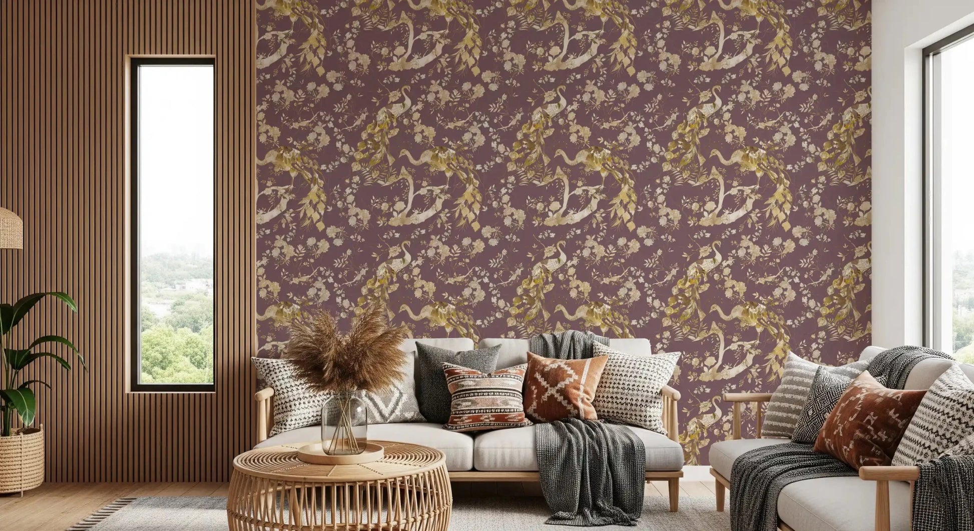 Fine botanical branches flow through Heritage Plum Bird & Floral Wallpaper