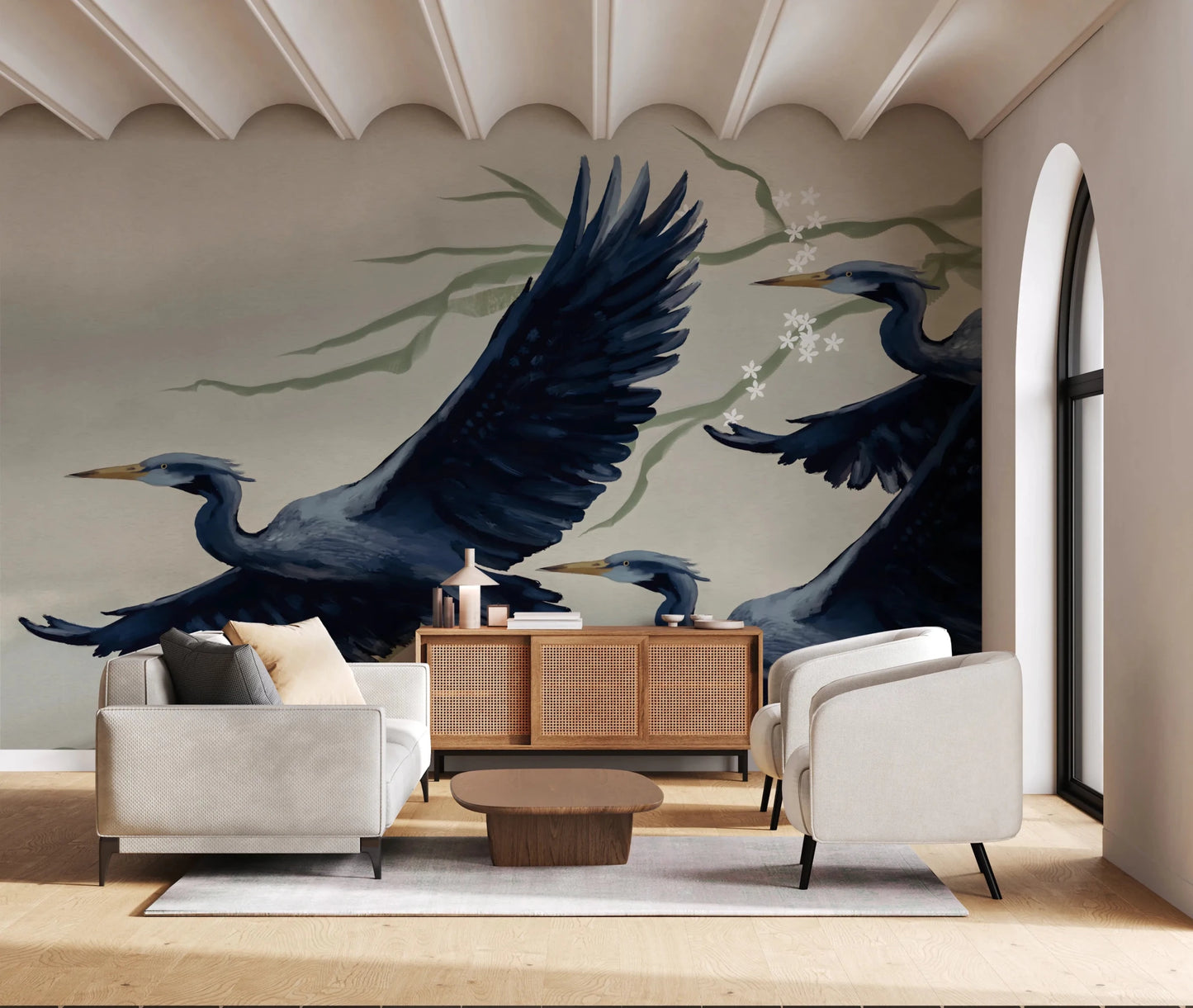 A relaxed sitting space anchored by Heron Flight Wall Mural and minimal décor