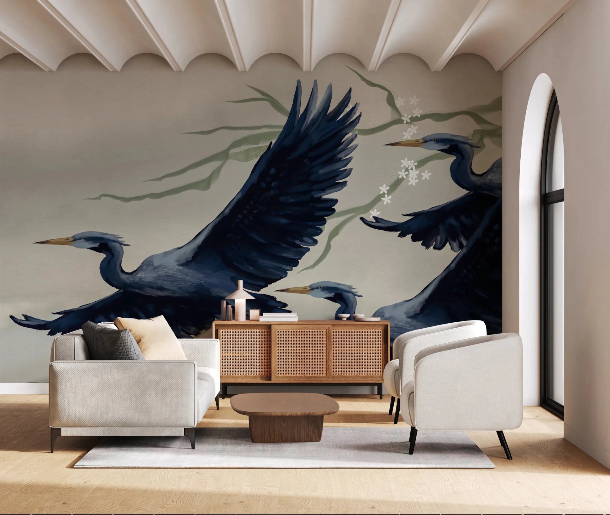 A relaxed sitting space anchored by Heron Flight Wall Mural and minimal décor