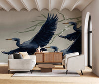 A relaxed sitting space anchored by Heron Flight Wall Mural and minimal décor