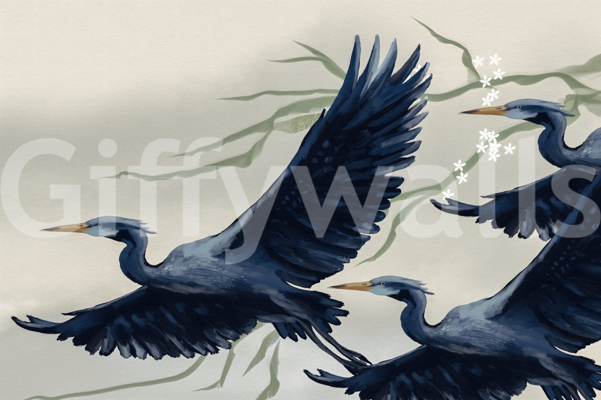 Painted herons in motion across Heron Flight Wall Mural with soft neutral backdrop