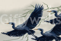 Painted herons in motion across Heron Flight Wall Mural with soft neutral backdrop