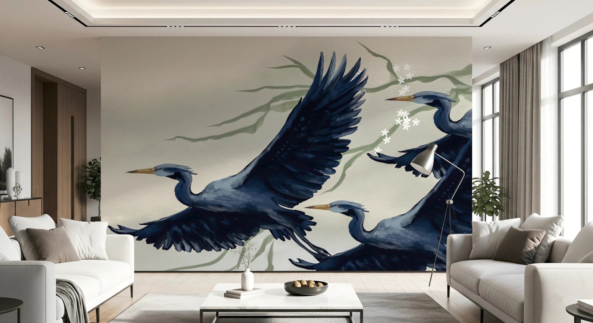 living room view with Heron Flight Wall Mural positioned behind a neatly styled bed