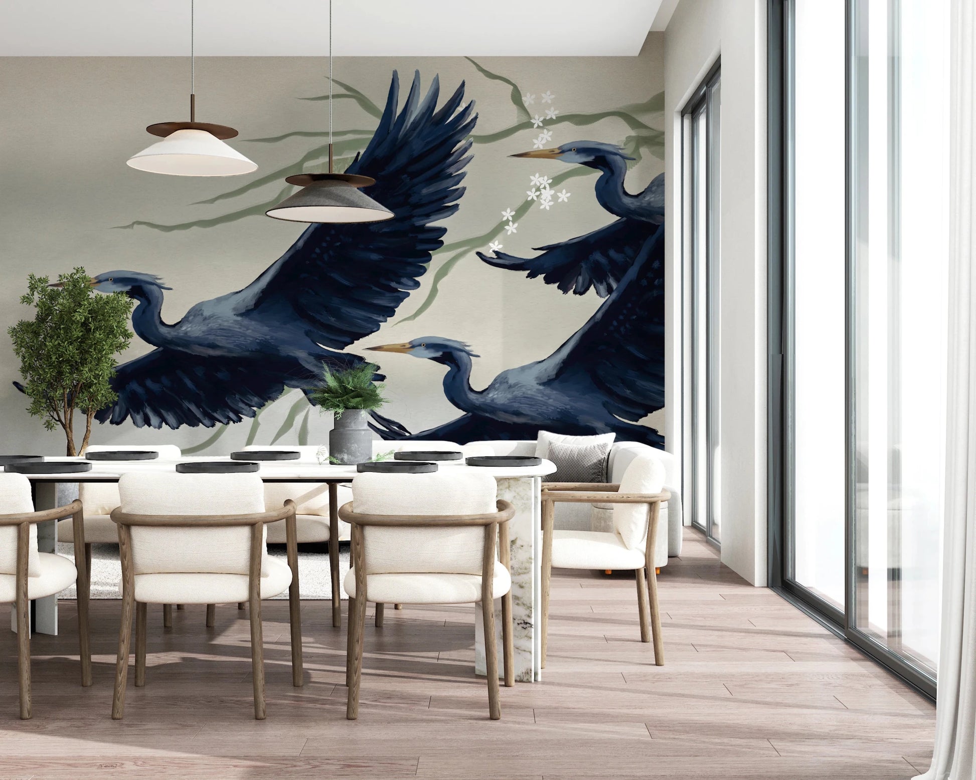 Casual seating area enhanced by Heron Flight Wall Mural with soft furnishings