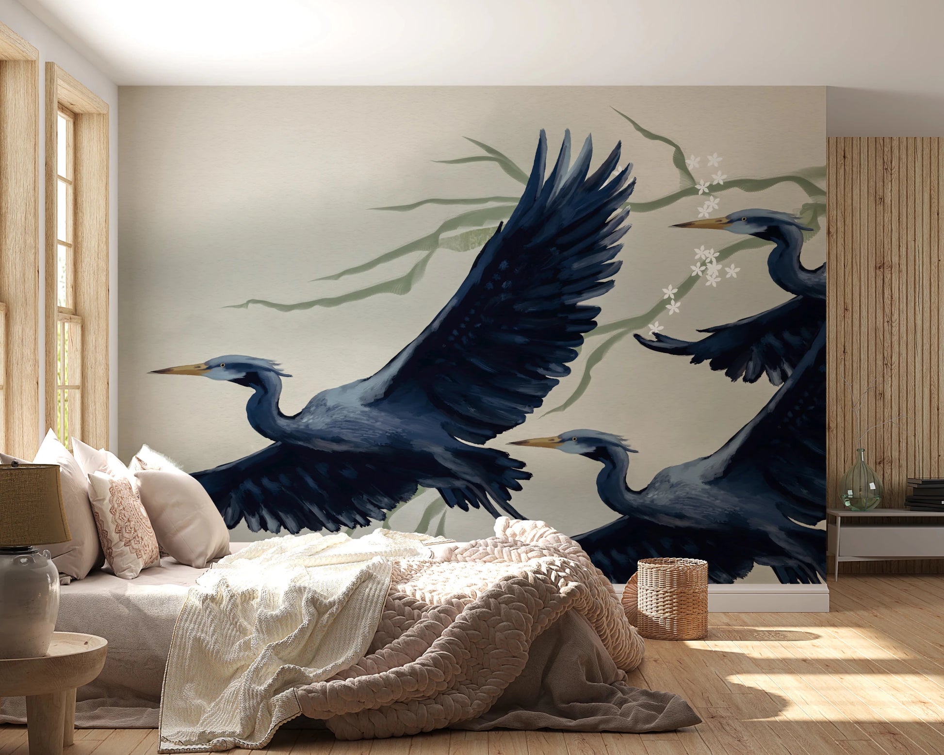 Cozy bedroom layout where Heron Flight Wall Mural adds depth behind the bed