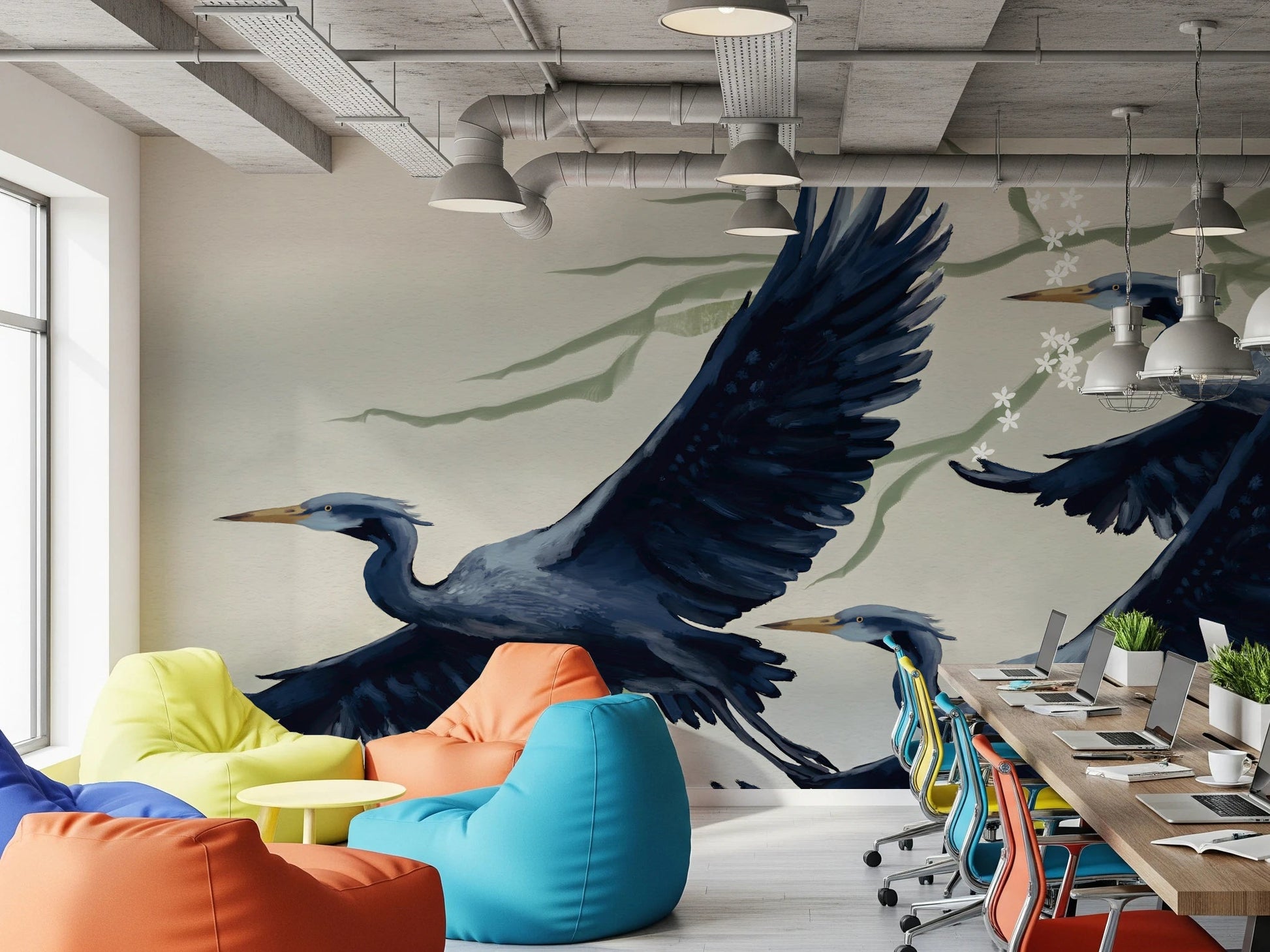 Office interior scene where Heron Flight Wall Mural stretches across