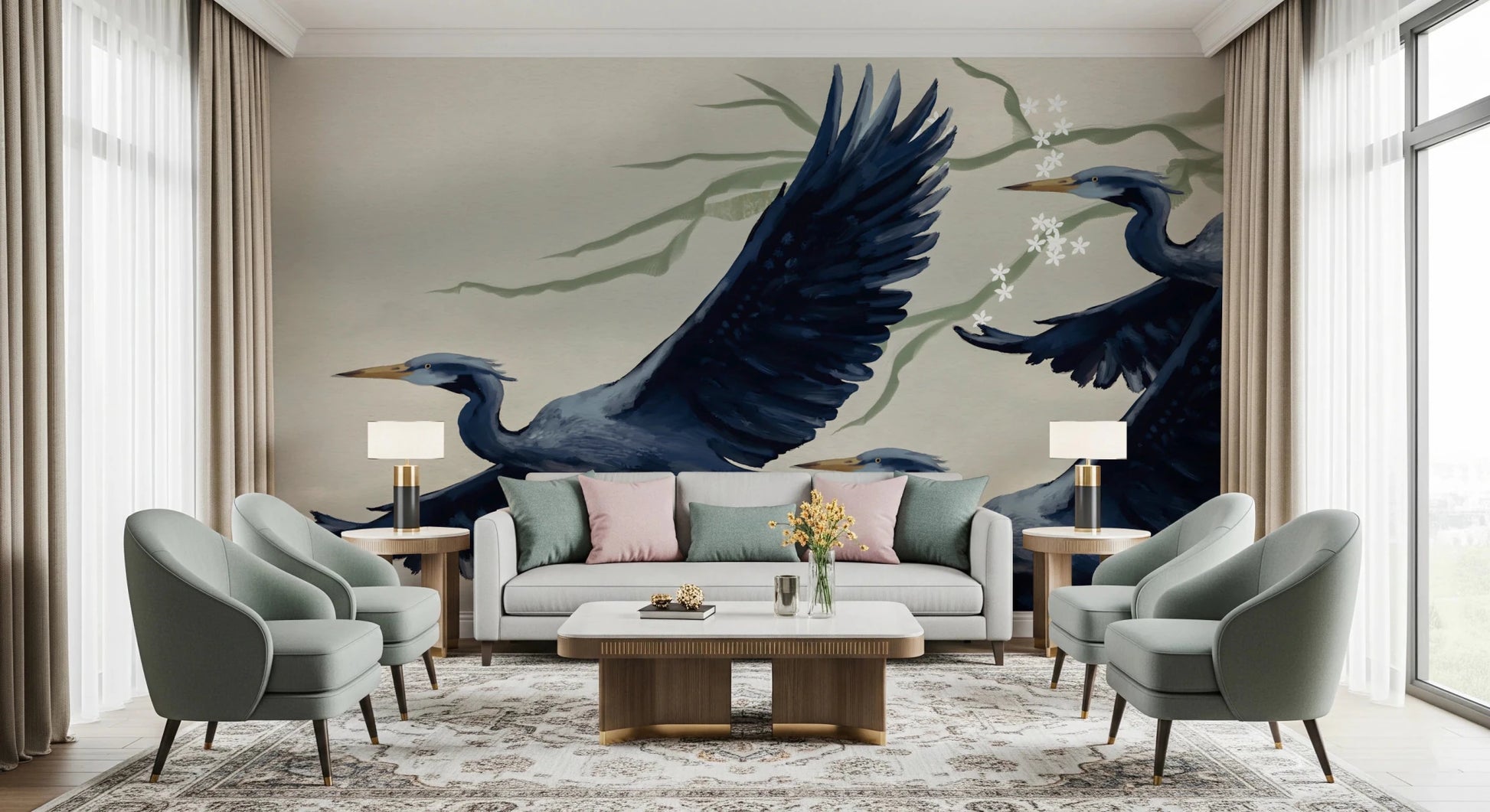Living room interior featuring Heron Flight Wall Mural