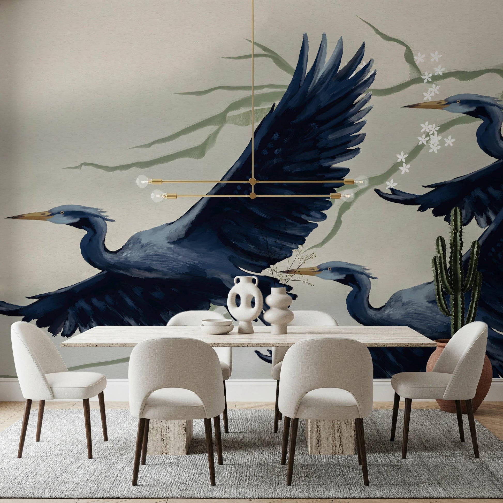 Dining setup where Heron Flight Wall Mural spans behind a modern table arrangement