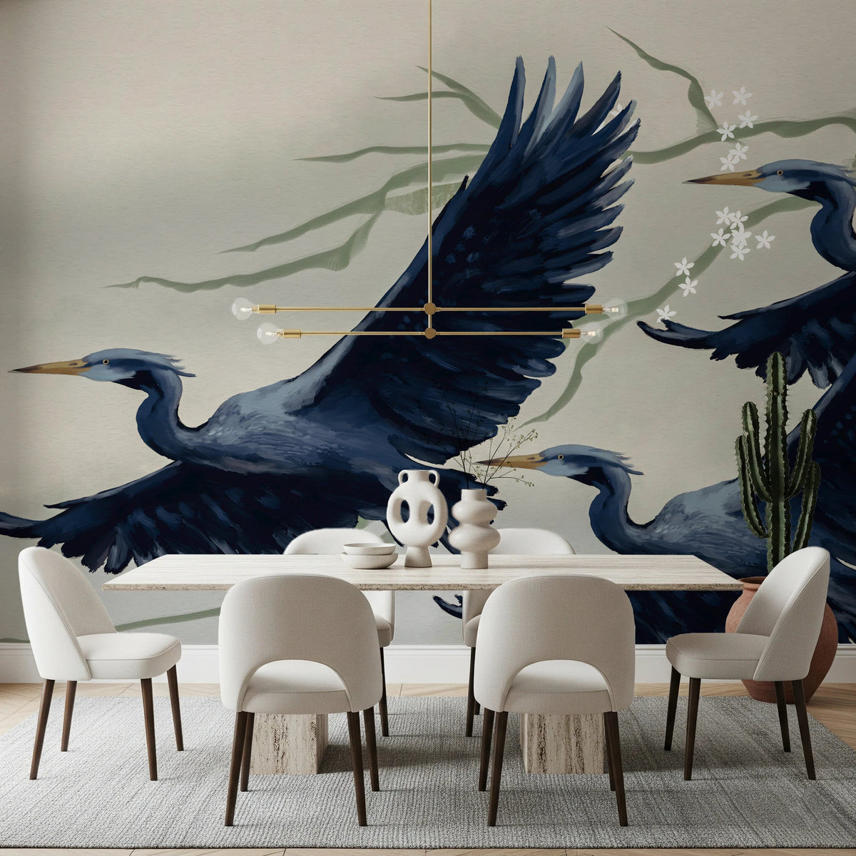 Dining setup where Heron Flight Wall Mural spans behind a modern table arrangement, GD8334