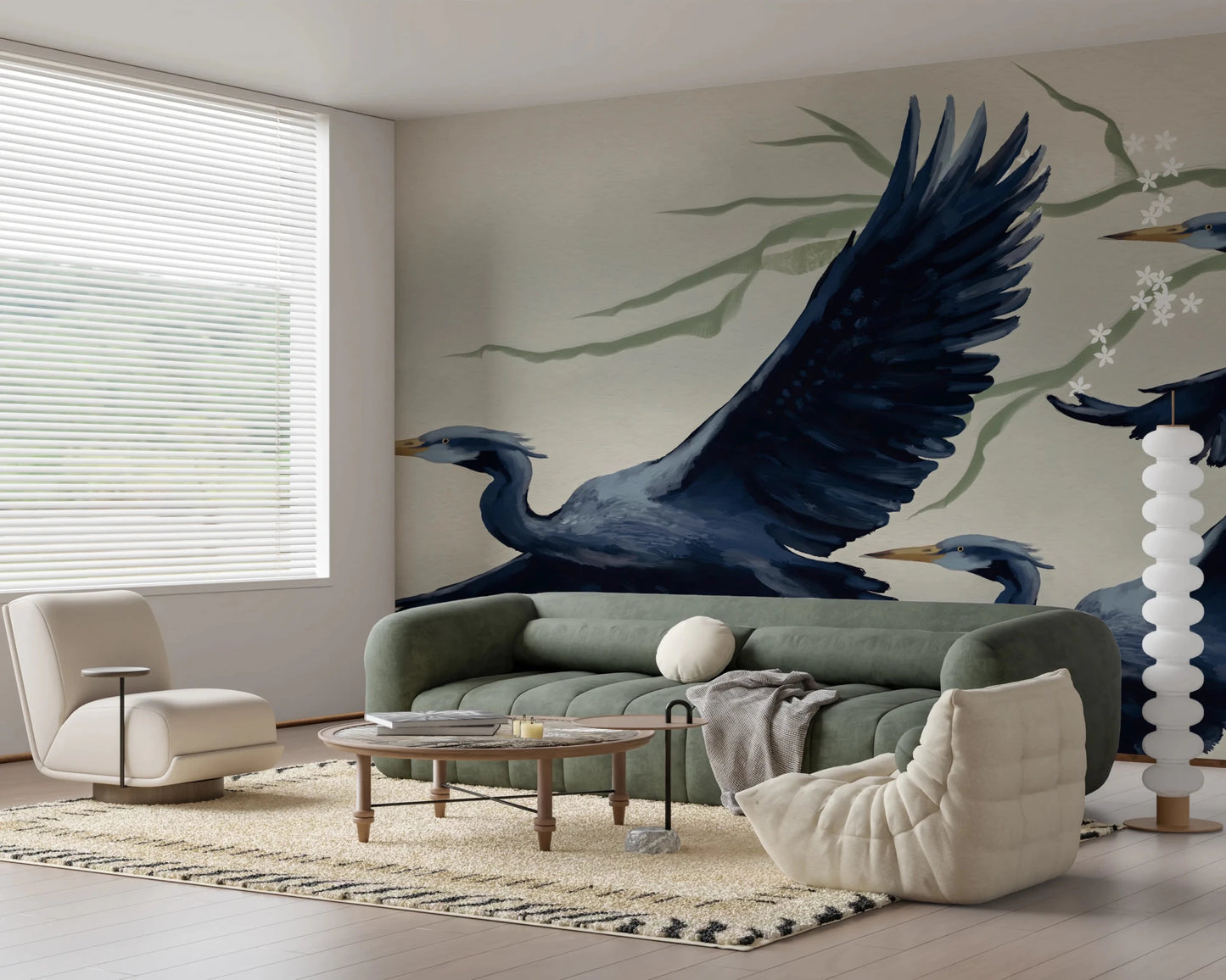 Lounge corner where Heron Flight Wall Mural flows with soft seating