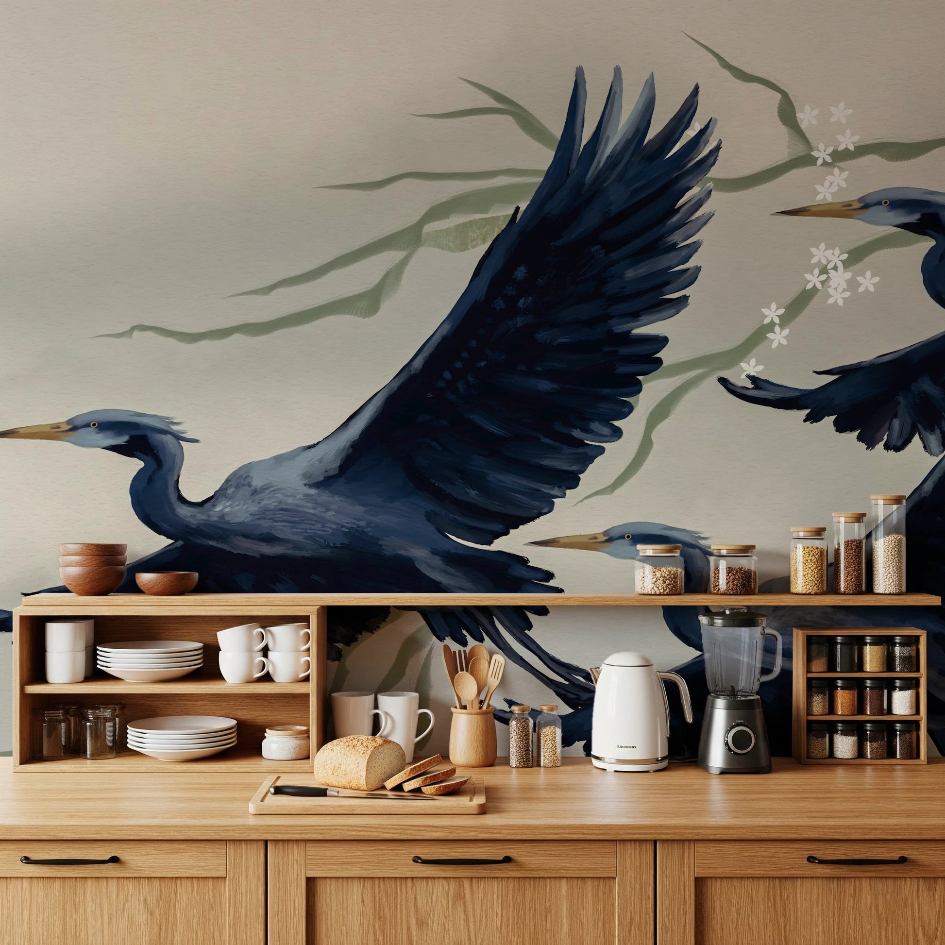 Kitchen-side styled with Heron Flight Wall Mural above wooden cabinetry