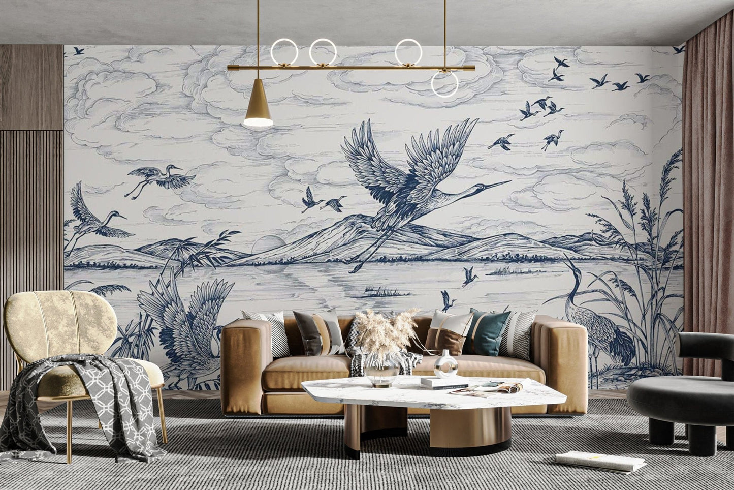 Flying herons and lake mural design
