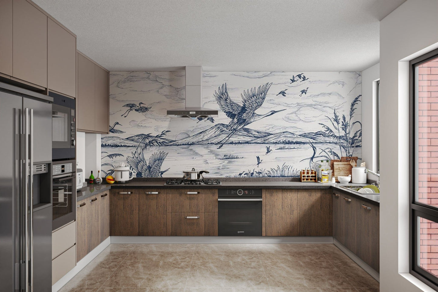 Graceful herons flying over a lake
