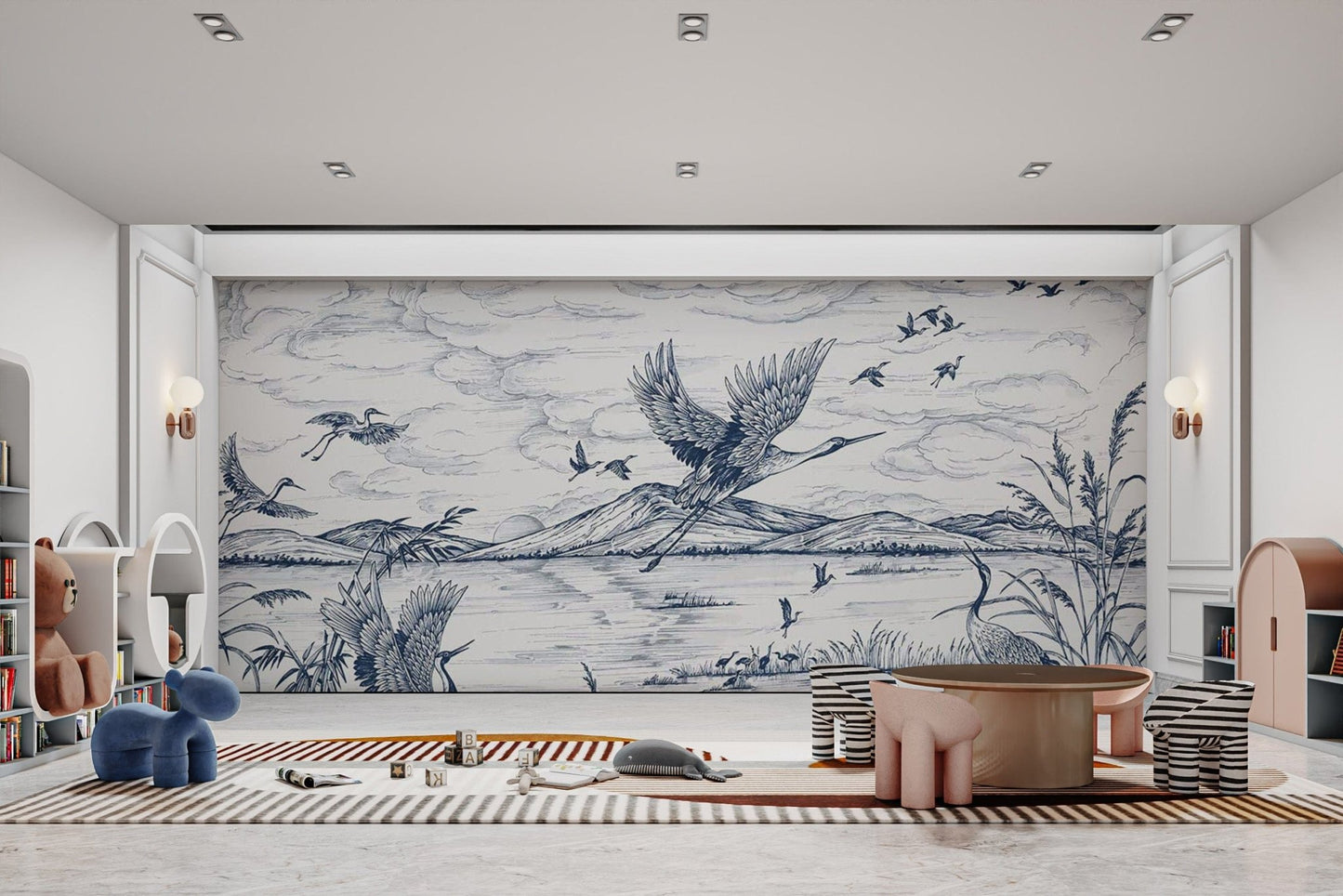 Scenic lake view birds wall mural
