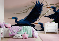 Kids bedroom scene with Heron’s Bloom Wall Mural behind a pastel bedding setup