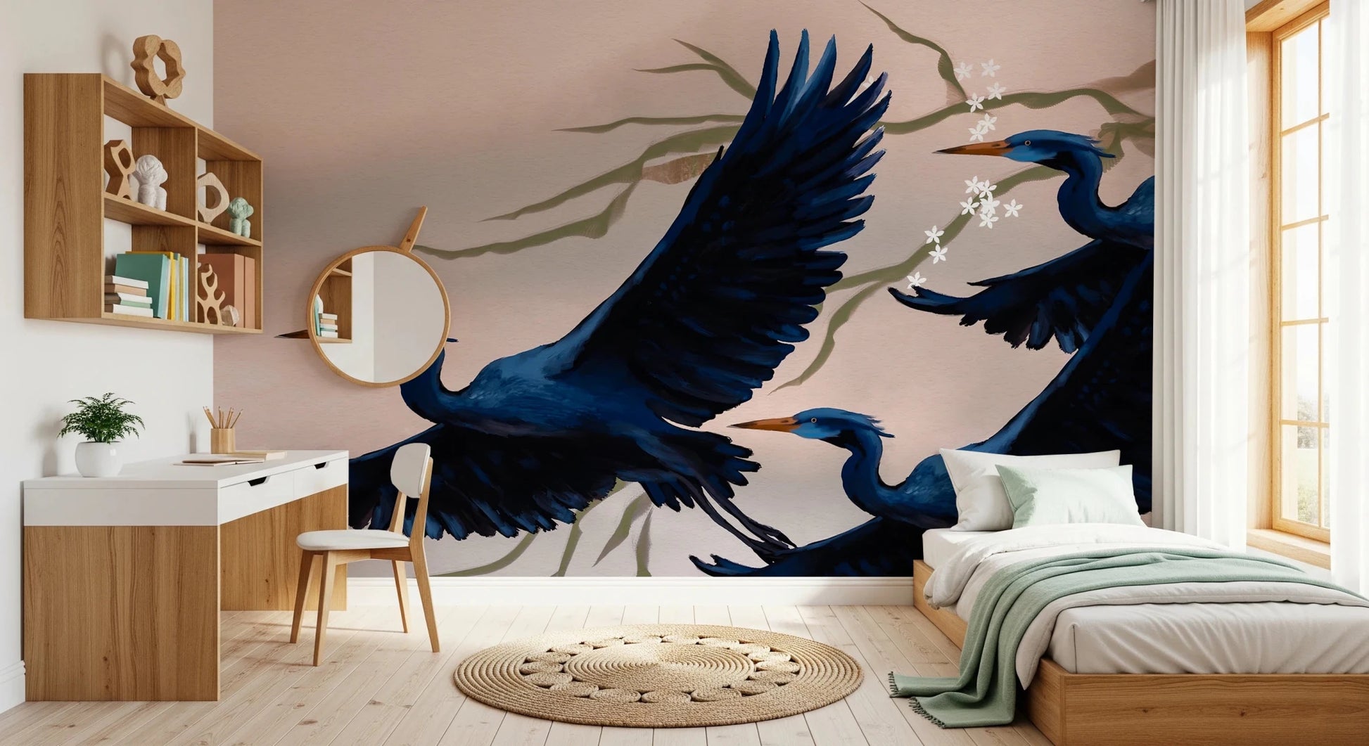 Child-friendly room setup using Heron’s Bloom Wall Mural as a bold backdrop