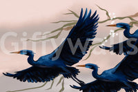 Flying herons across Heron’s Bloom Wall Mural with soft floral background accents