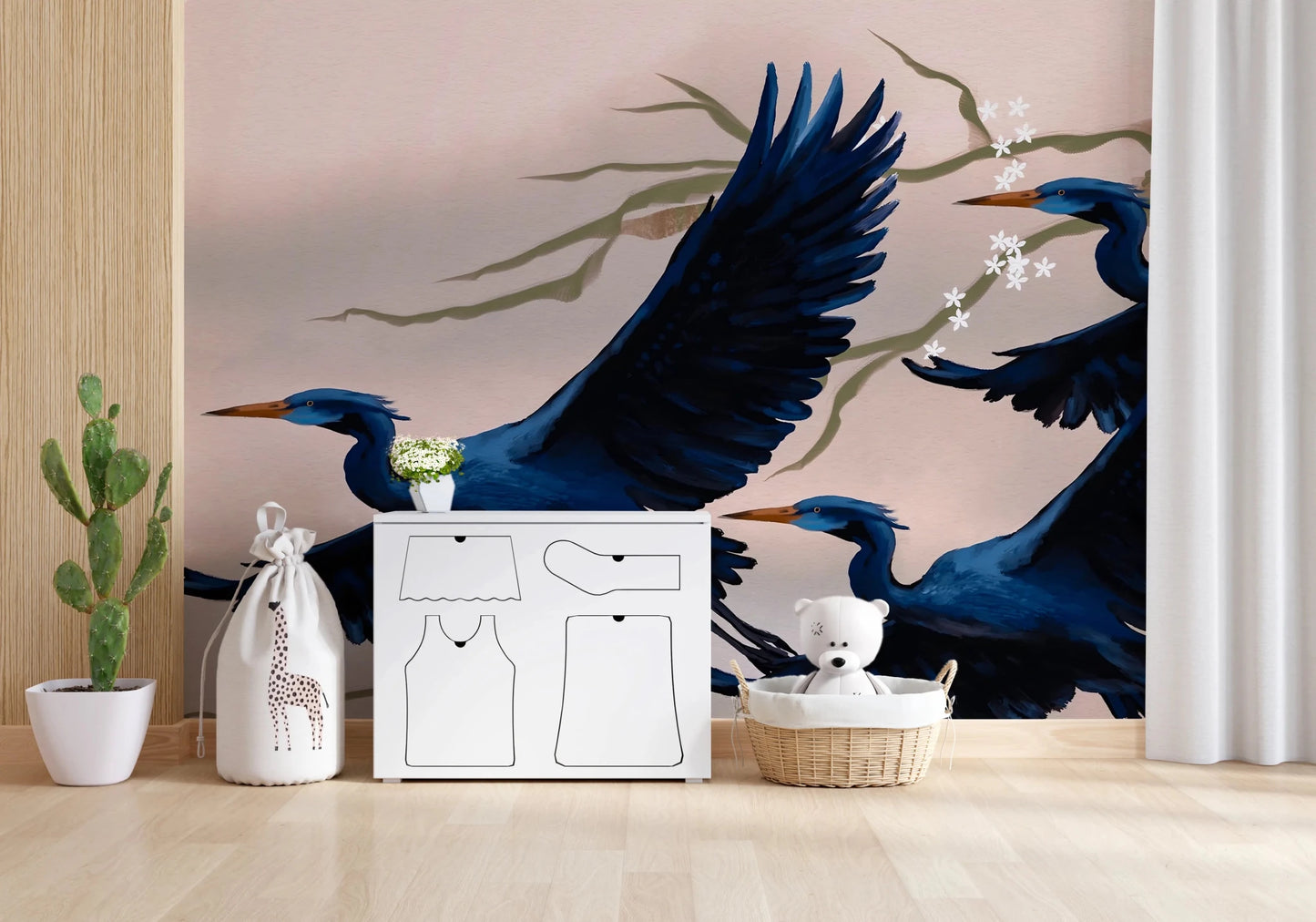 Minimal kids space styled with Heron’s Bloom Wall Mural and soft furniture tones