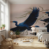Open kids room styled with Heron’s Bloom Wall Mural and colorful floor setup