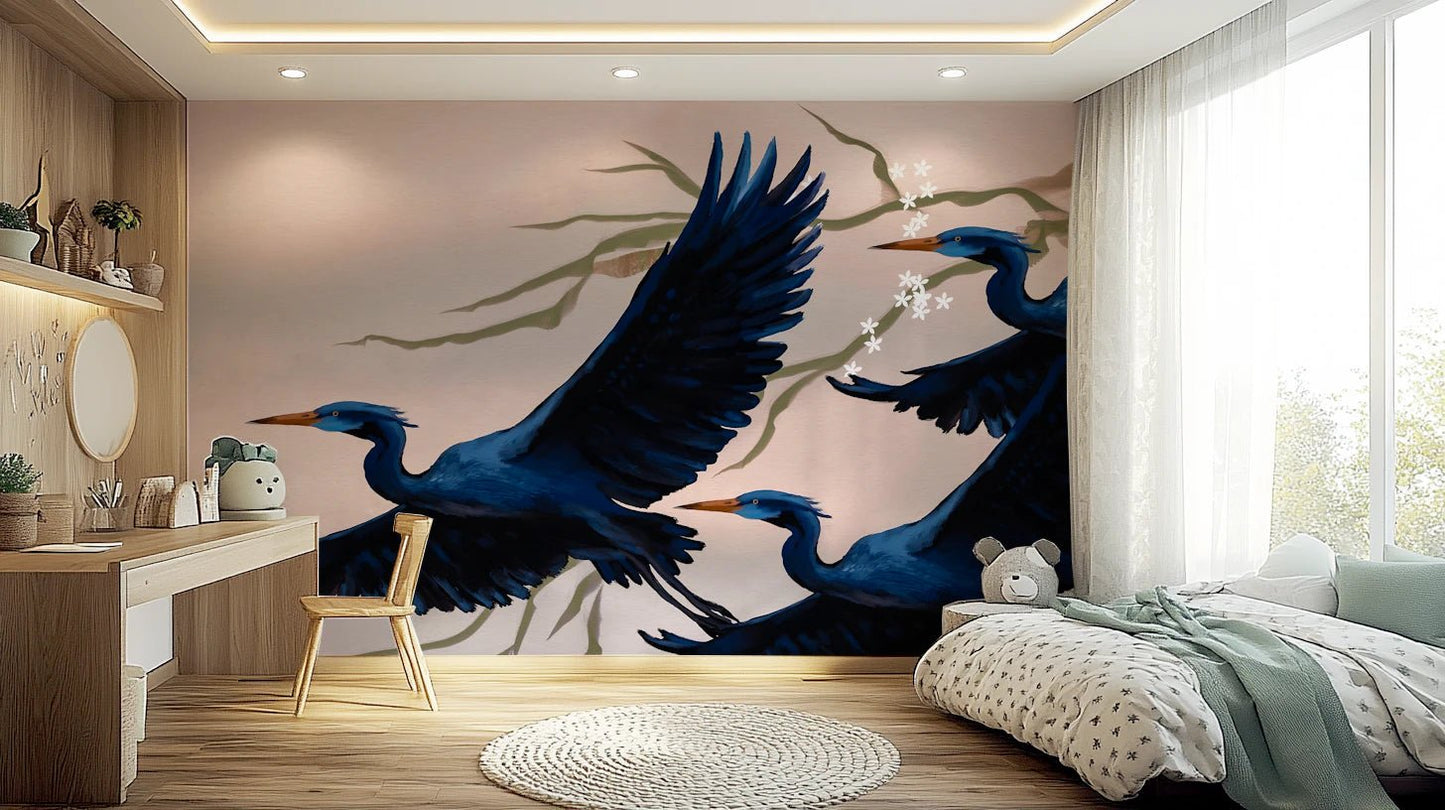 Bedroom layout where Heron’s Bloom Wall Mural flows behind a low bed arrangement