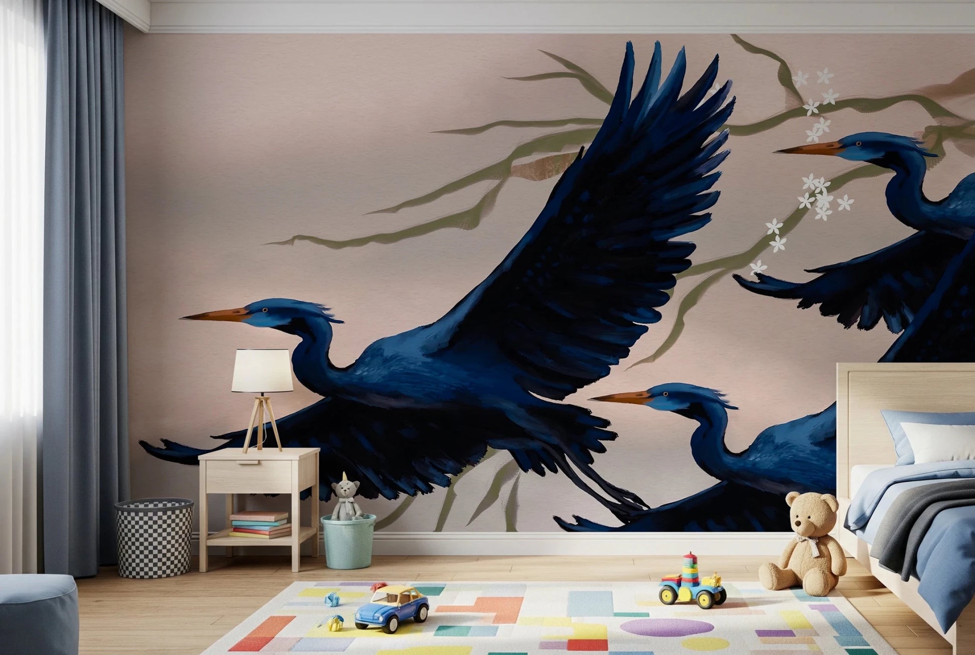 Playroom corner where Heron’s Bloom Wall Mural spreads across the feature wall