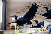 Playroom corner where Heron’s Bloom Wall Mural spreads across the feature wall