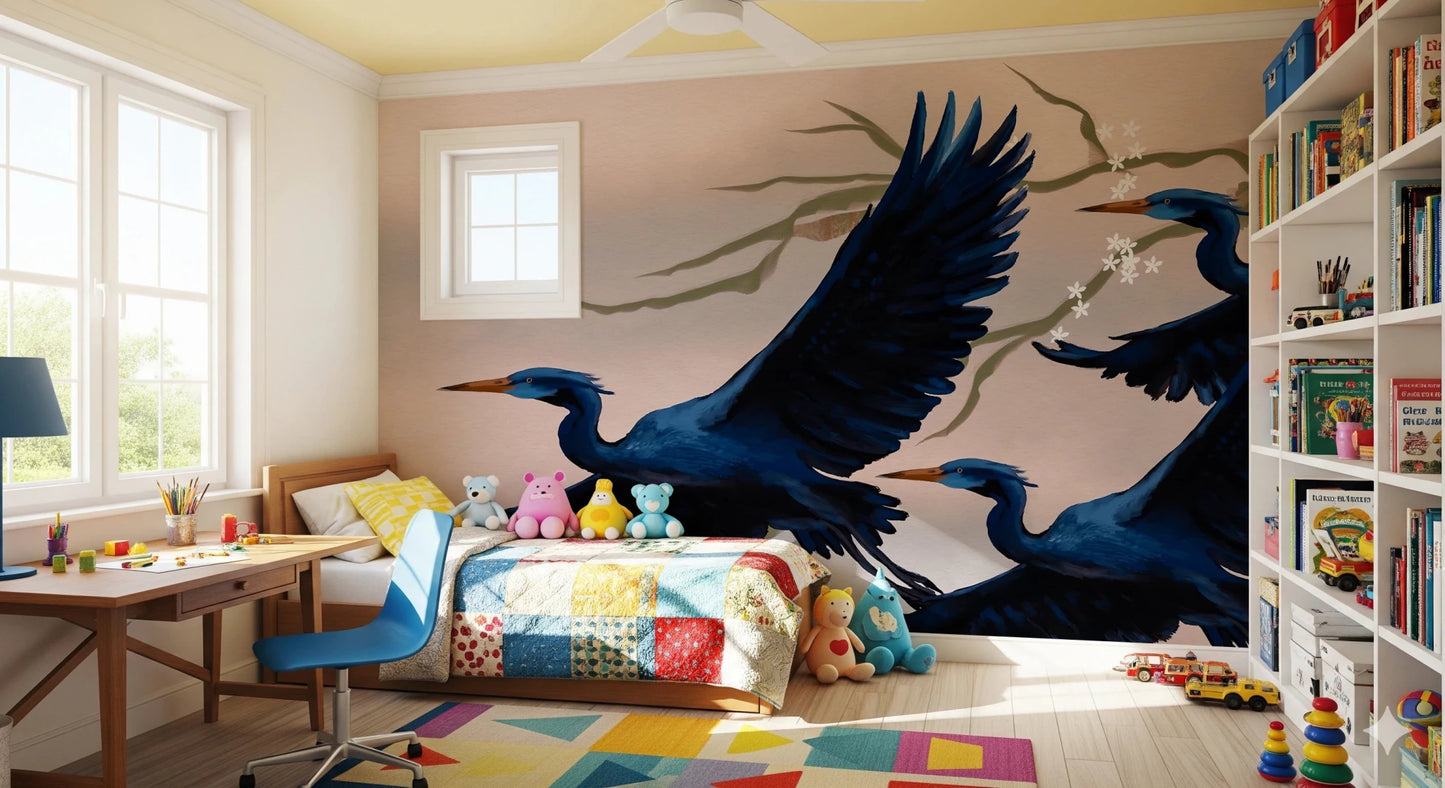Window-lit bedroom where Heron’s Bloom Wall Mural adds motion to the wall