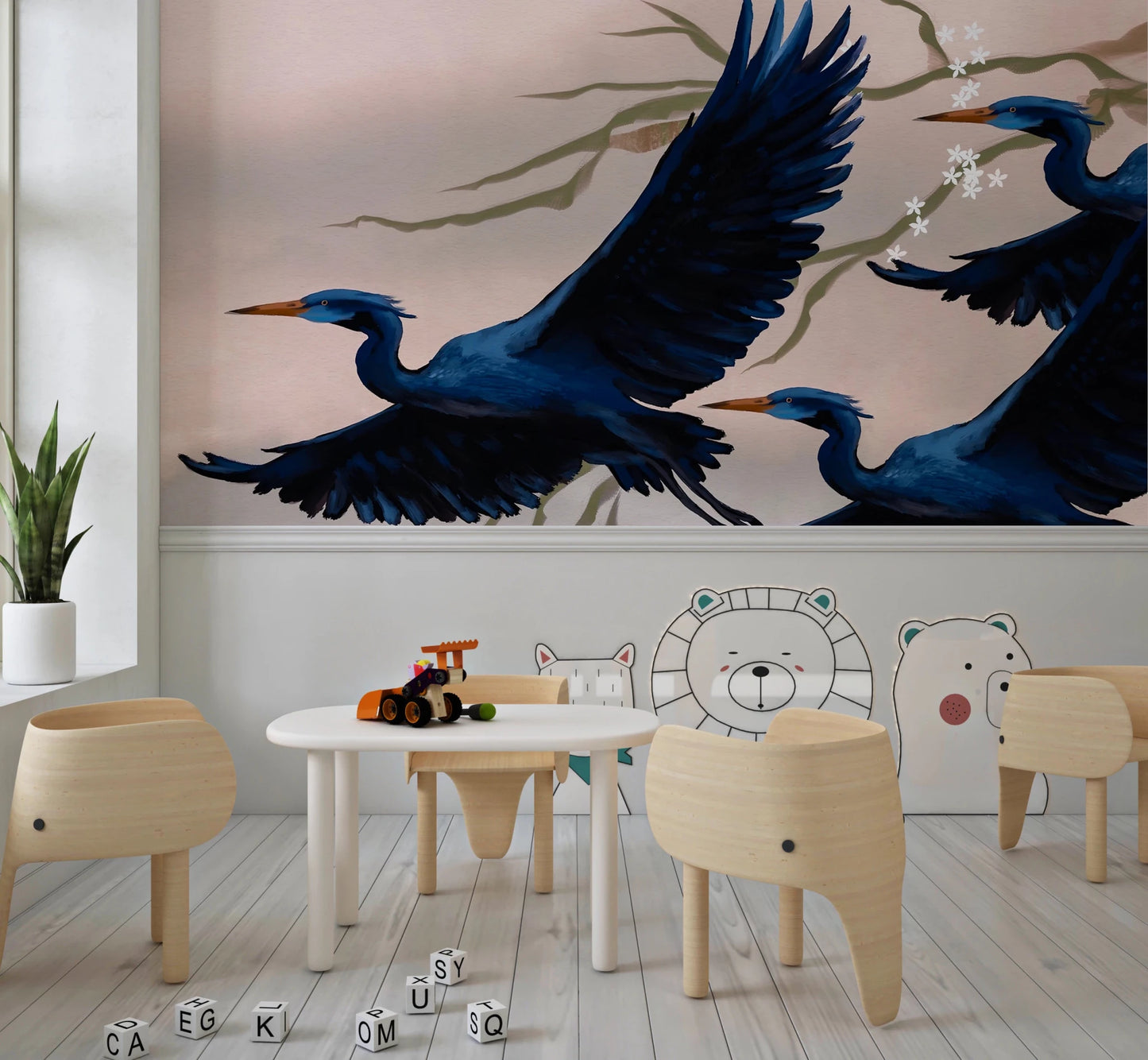 Dining table area placed in front of Heron’s Bloom Wall Mural with flying birds
