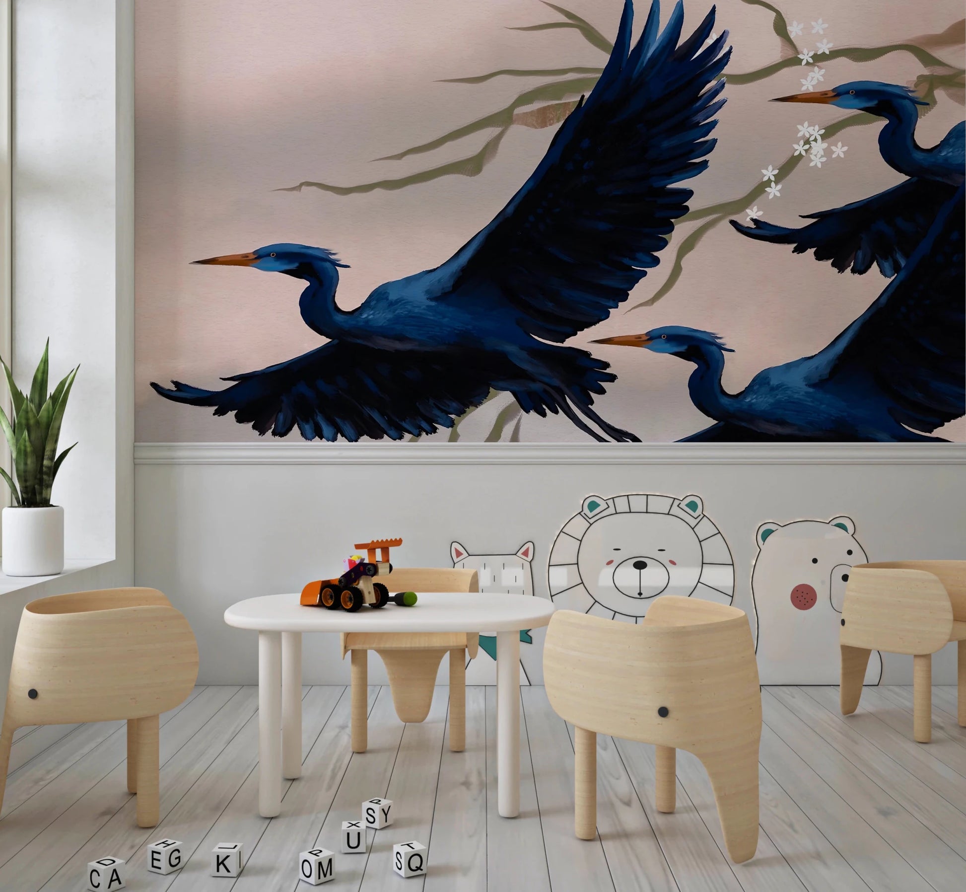 Dining table area placed in front of Heron’s Bloom Wall Mural with flying birds