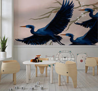 Dining table area placed in front of Heron’s Bloom Wall Mural with flying birds
