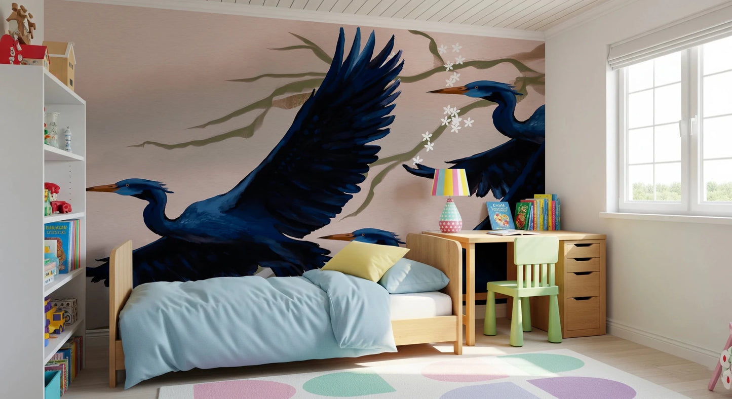 Bright interior view with Heron’s Bloom Wall Mural anchoring the wall visually