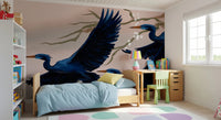 Bright interior view with Heron’s Bloom Wall Mural anchoring the wall visually