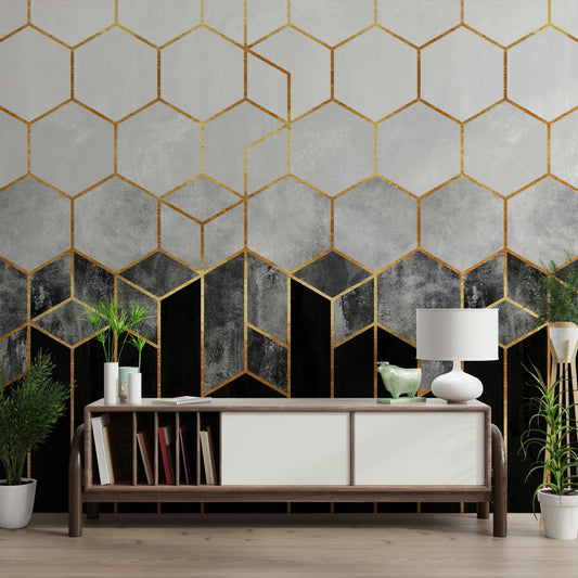 Gold-bordered geometric wall mural complementing a modern hallway.