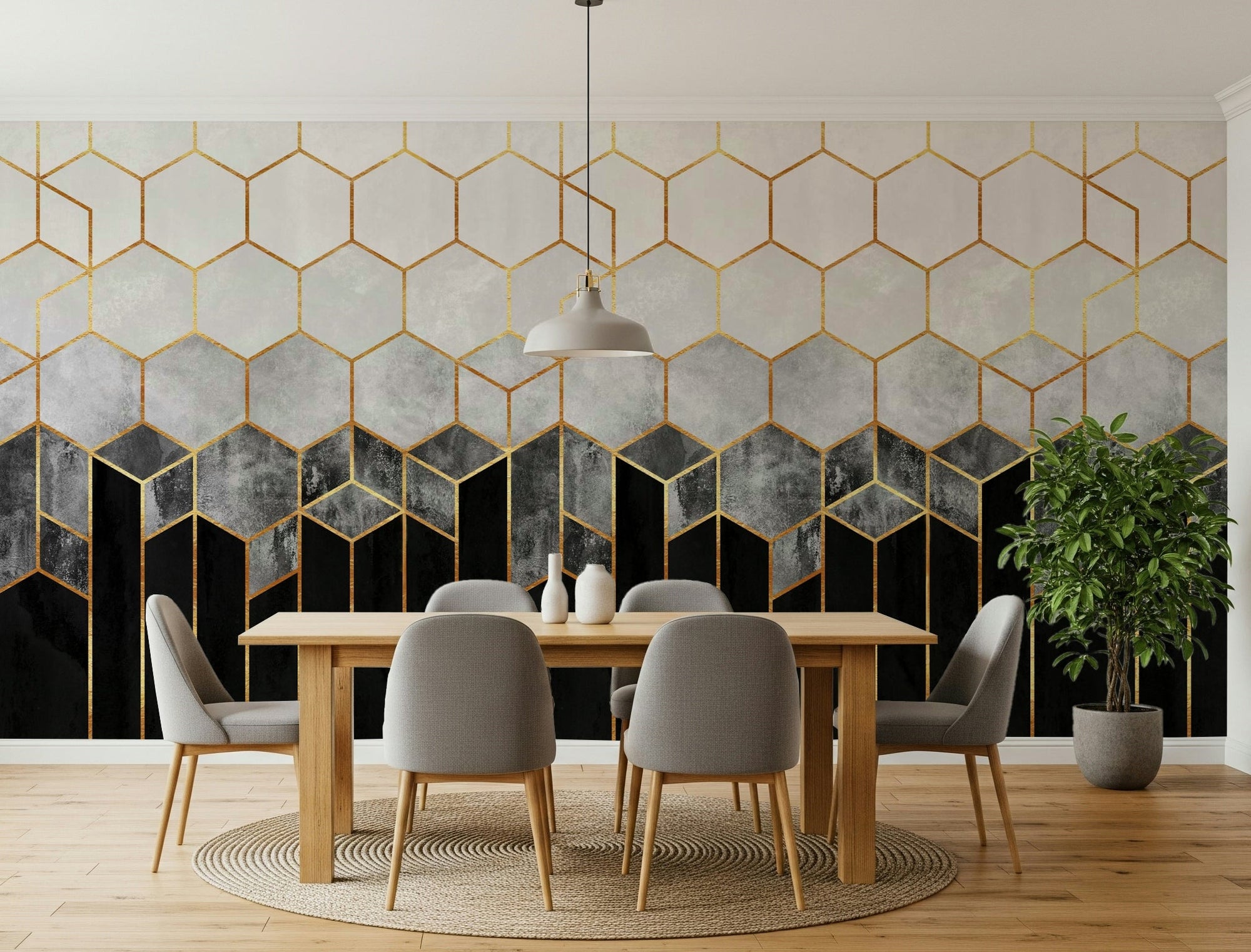 Textured charcoal and grey hexagons on a monochrome wall mural., GD5496