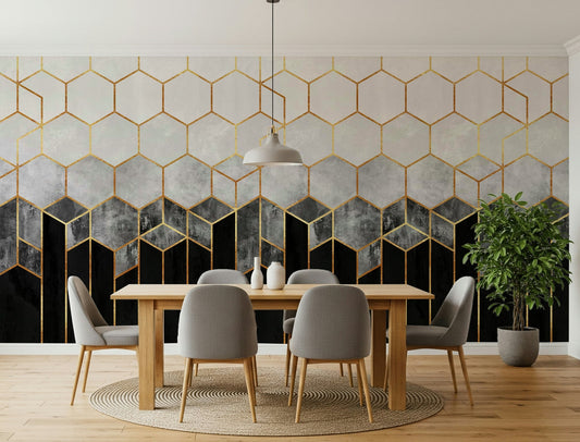 Textured charcoal and grey hexagons on a monochrome wall mural., GD5496