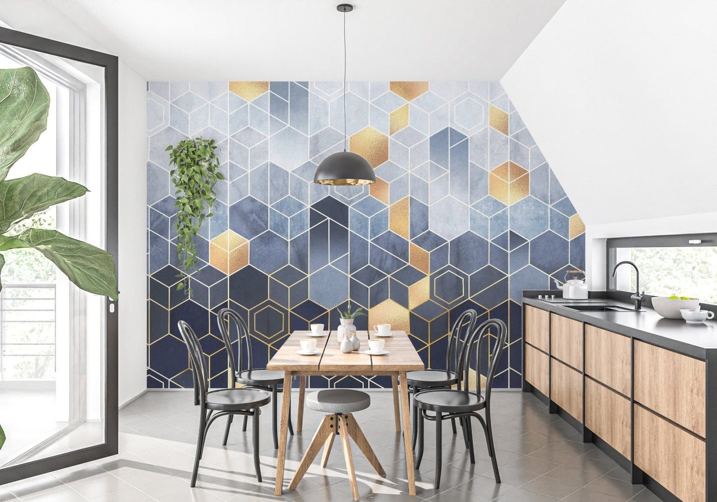 Ombre gold wallpaper mural with hexagonal design

