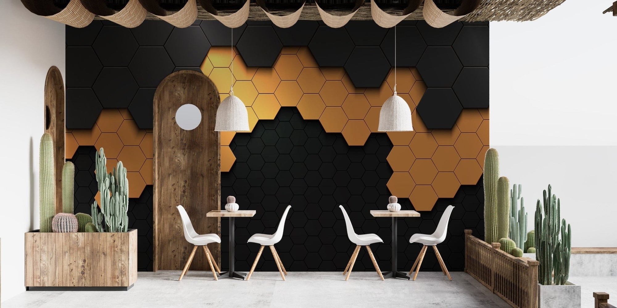 Hexagonal black and gold wallpaper design, B408