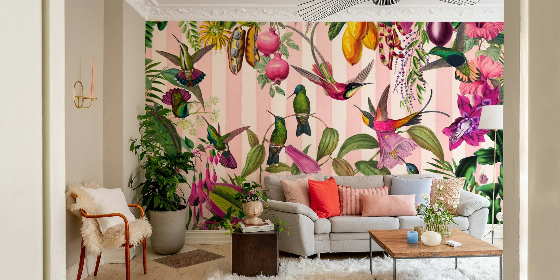 A living room decorated with a hummingbird mural

